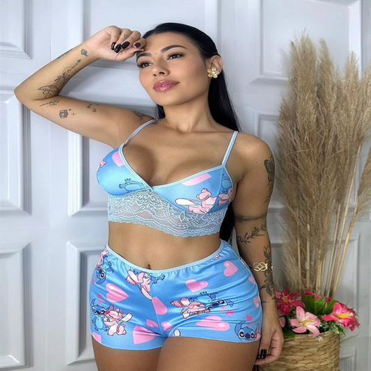 Baby Doll Stitch Estampado Com Renda - Lominy
