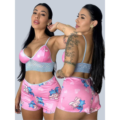Baby Doll Stitch Estampado Com Renda - Lominy