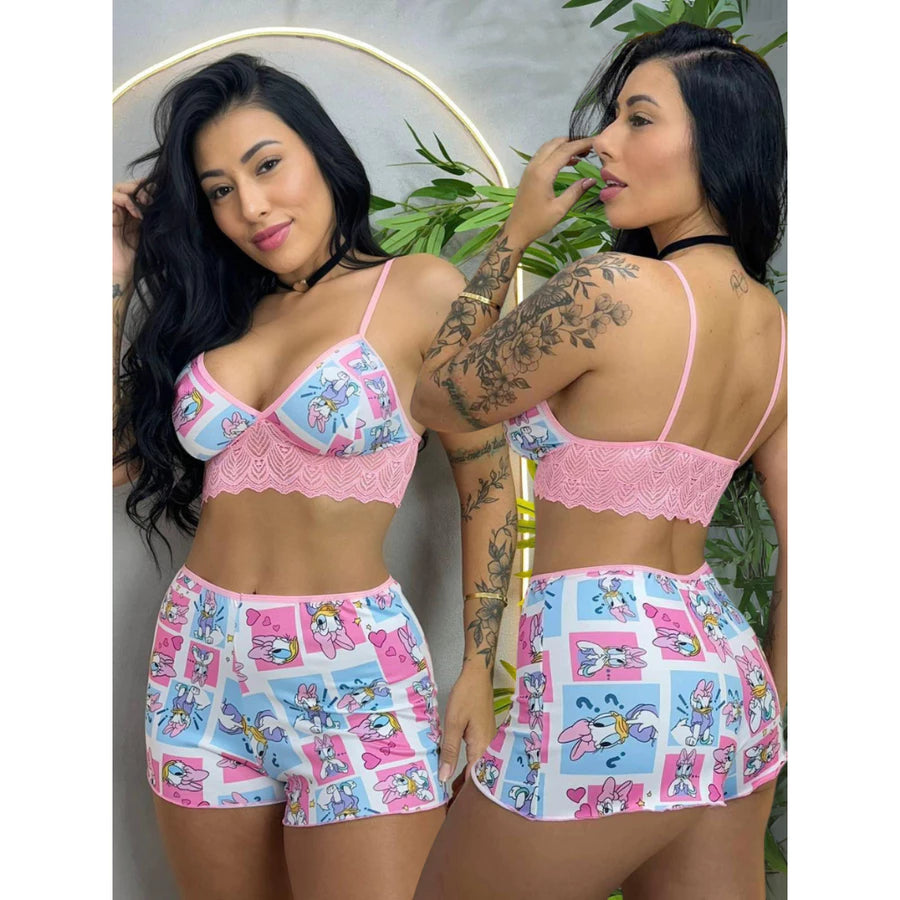 Baby Doll Stitch Estampado Com Renda - Lominy