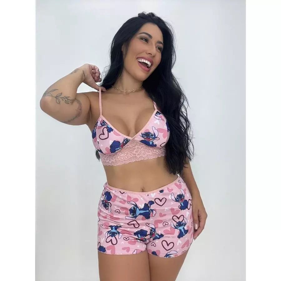 Baby Doll Stitch Estampado Com Renda - Lominy