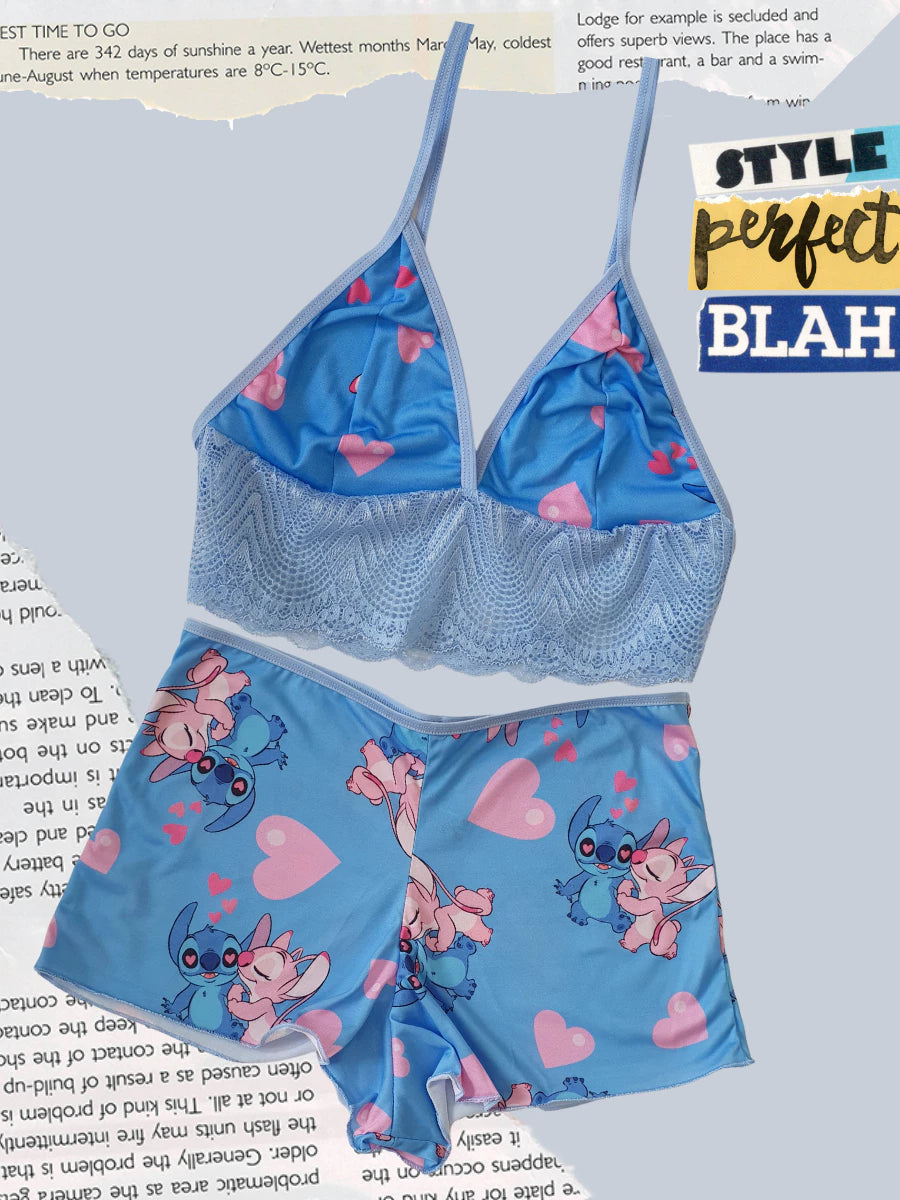 Baby Doll Stitch Estampado Com Renda - Lominy