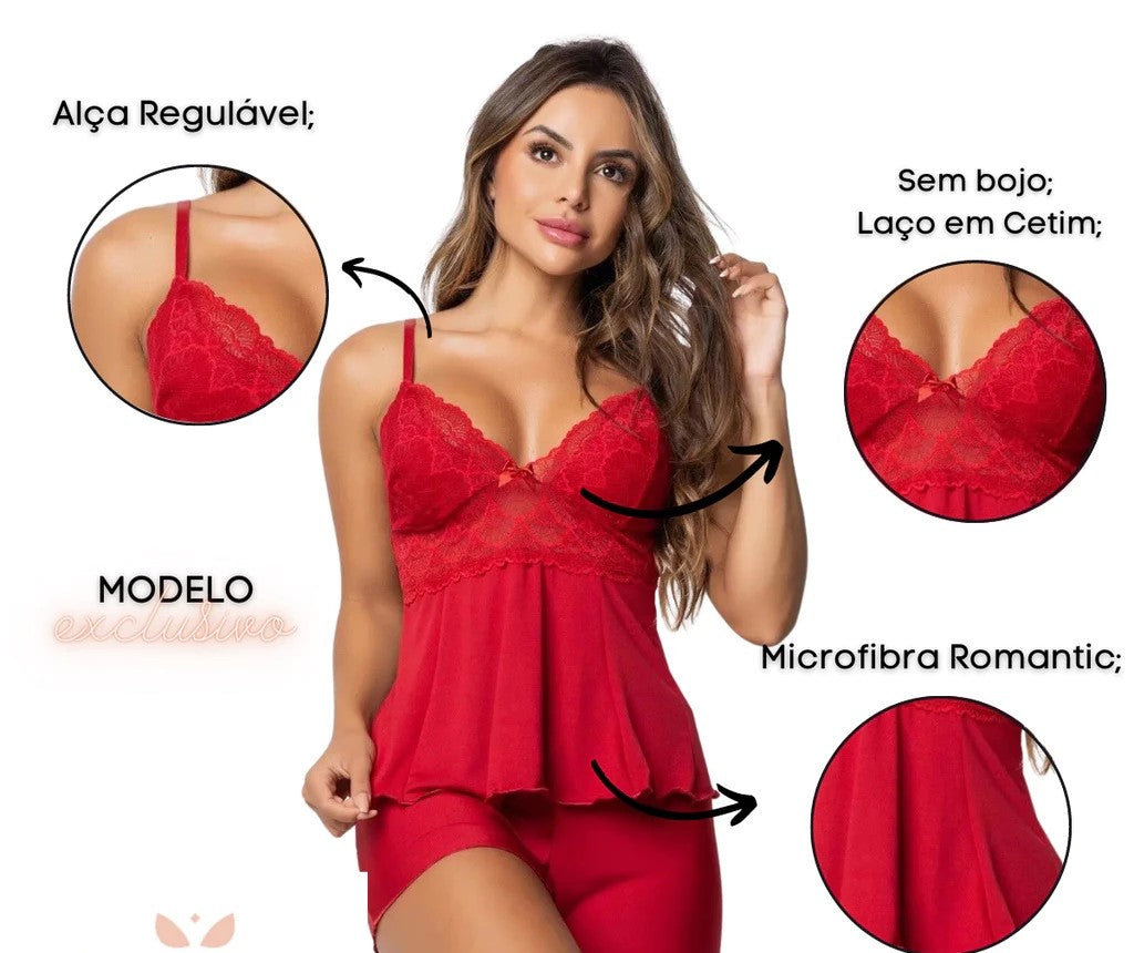 Pijama Baby Doll Sexy Short Doll Feminino Detalhe de Renda Luxo - Lominy