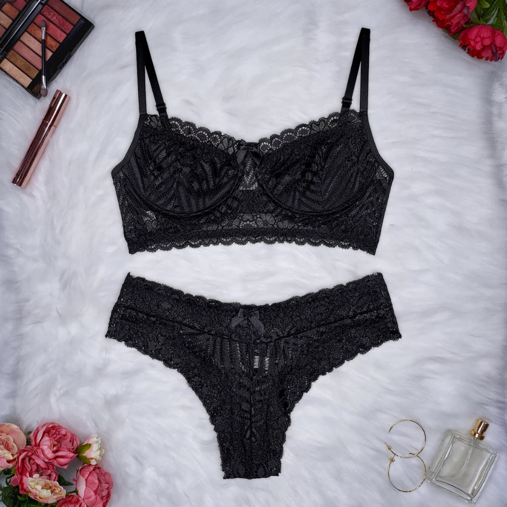 Conjunto Lingerie Renda Sutiã Com Aro Sem Bojo Com Forro Calcinha Com Elástico Mirela