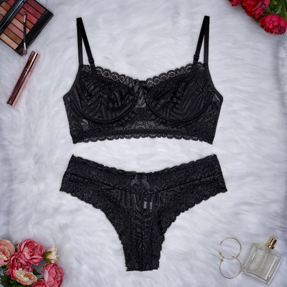 Conjunto Lingerie Renda Sutiã Com Aro Sem Bojo Com Forro Calcinha Com Elástico Mirela