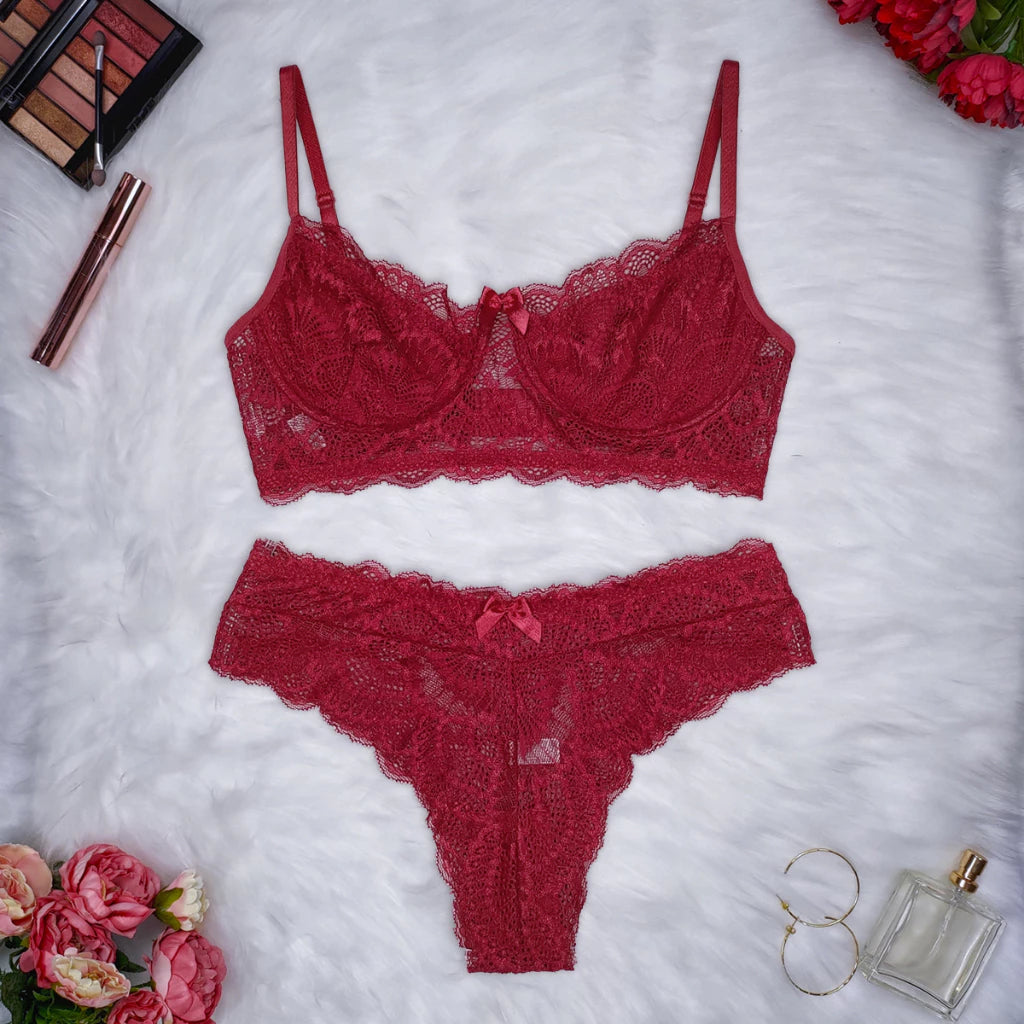Conjunto Lingerie Renda Sutiã Com Aro Sem Bojo Com Forro Calcinha Com Elástico Mirela