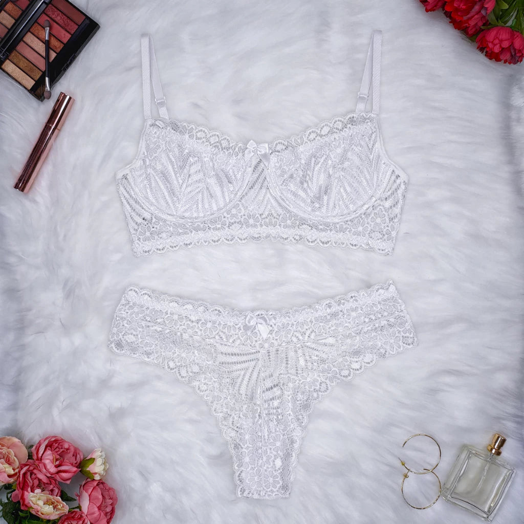 Conjunto Lingerie Renda Sutiã Com Aro Sem Bojo Com Forro Calcinha Com Elástico Mirela