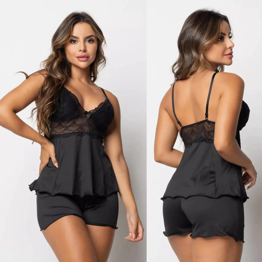 Pijama Baby Doll Sexy Short Doll Feminino Detalhe de Renda Luxo - Lominy