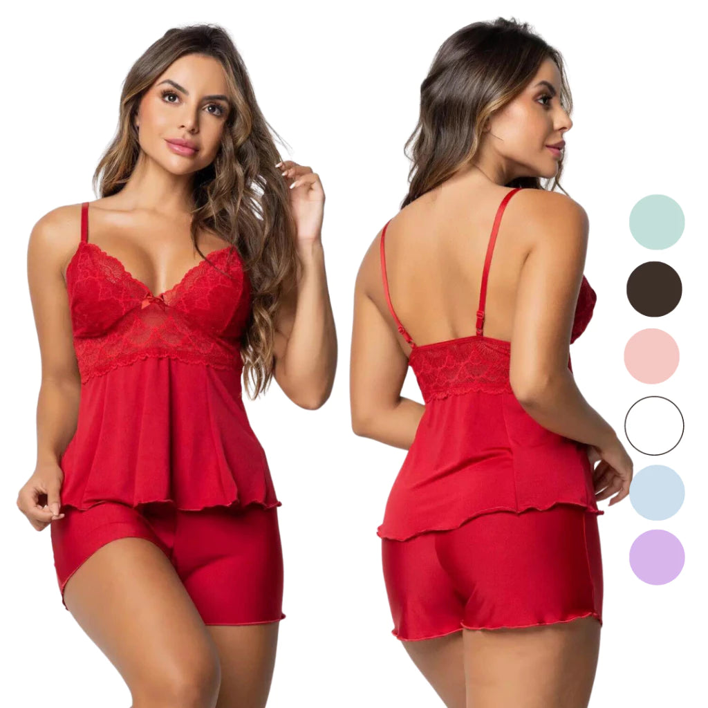 Pijama Baby Doll Sexy Short Doll Feminino Detalhe de Renda Luxo - Lominy